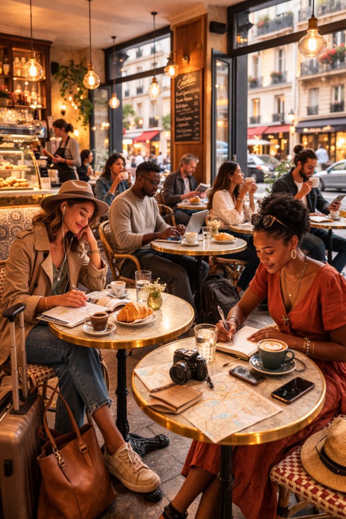 Solo travelers enjoying coffee and Sachertorte inside a historic Vienna coffee house