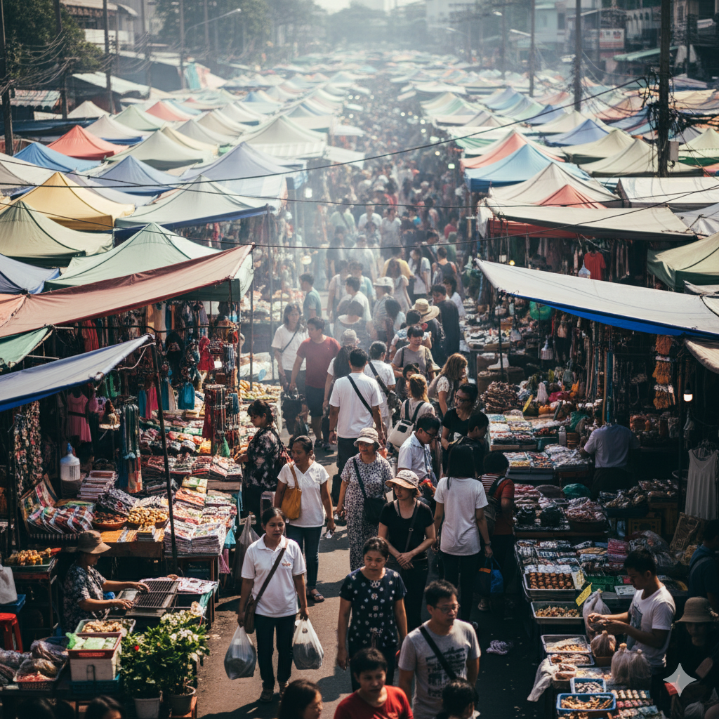 Massive Chatuchak Weekend Market with endless rows of colorful stalls and shoppers