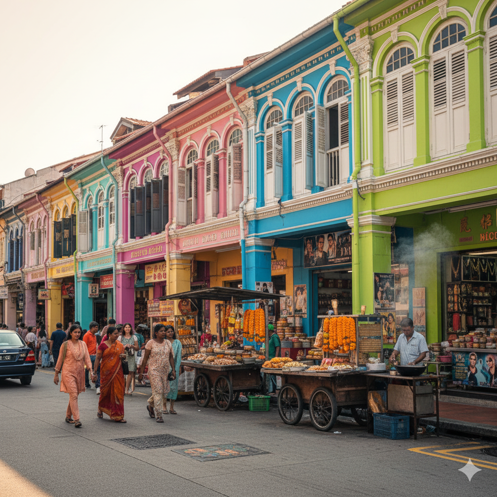 Colorful shophouses and vibrant street activity in Little India, Singapore