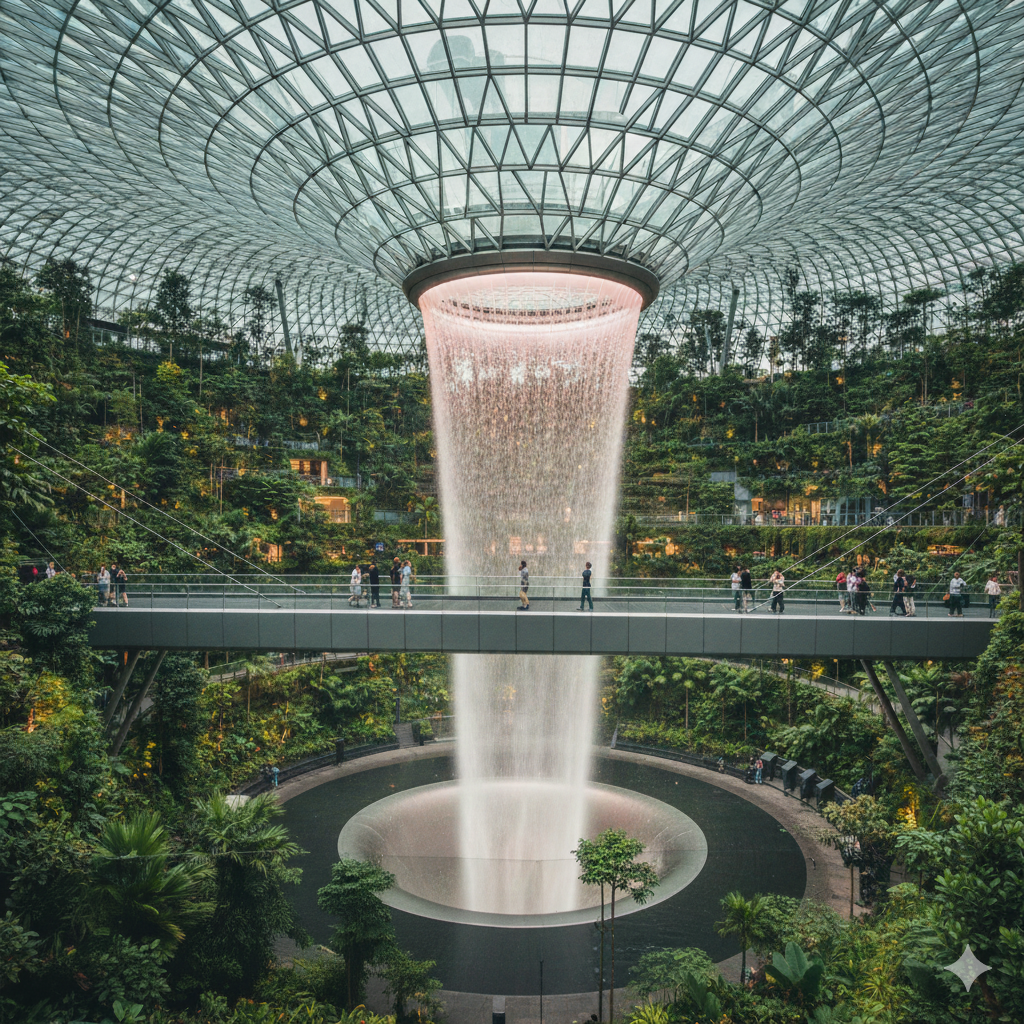 Indoor waterfall and lush forest inside Jewel Changi Airport in Singapore

