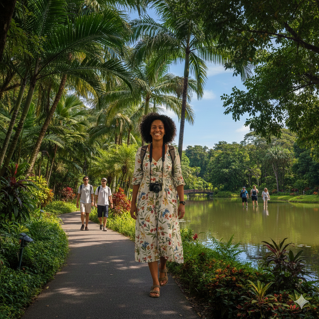 Lush pathway with palms and lake at Singapore Botanic Gardens