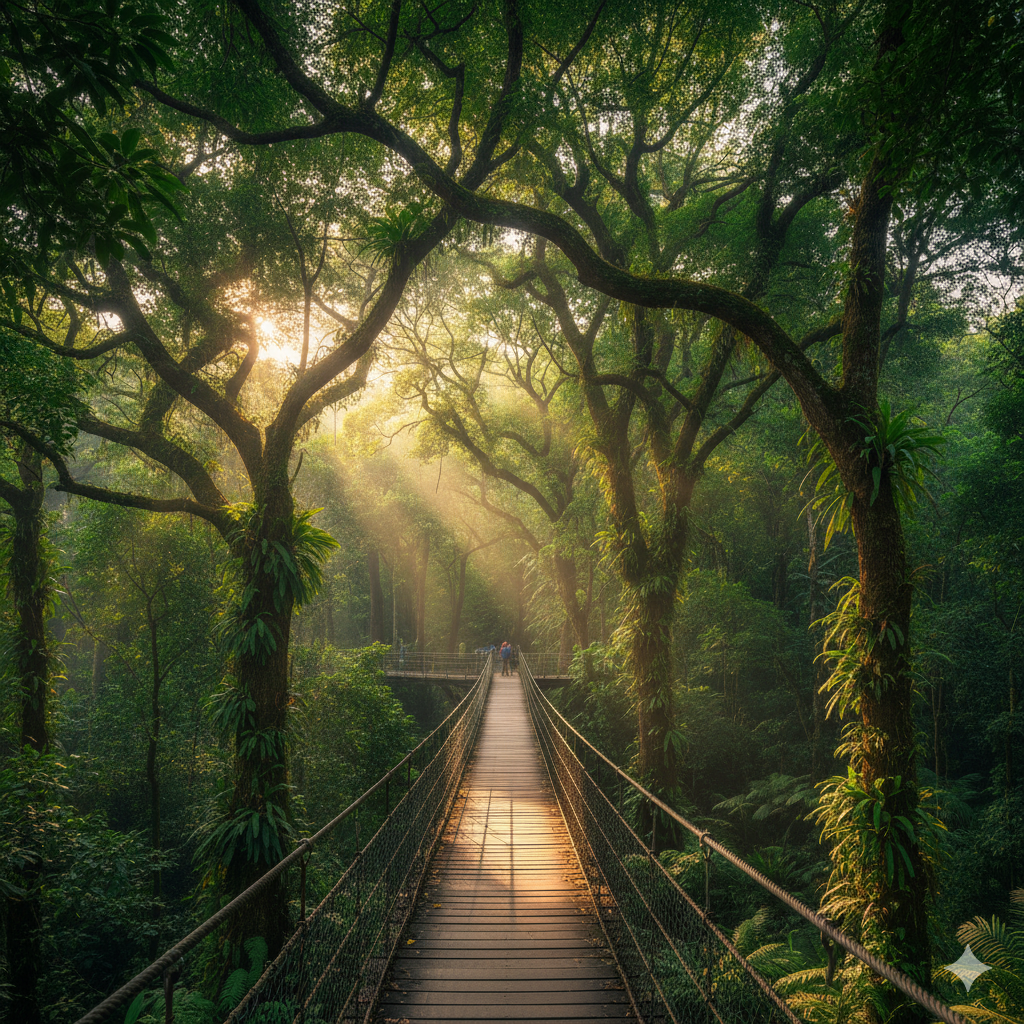 Wooden boardwalk through lush green canopy at MacRitchie Reservoir Treetop Walk

