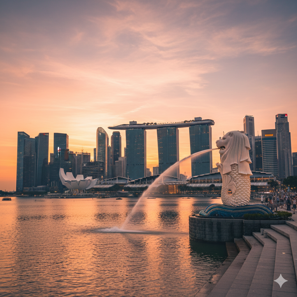 Marina Bay Sands and Singapore skyline viewed from Merlion Park at sunset