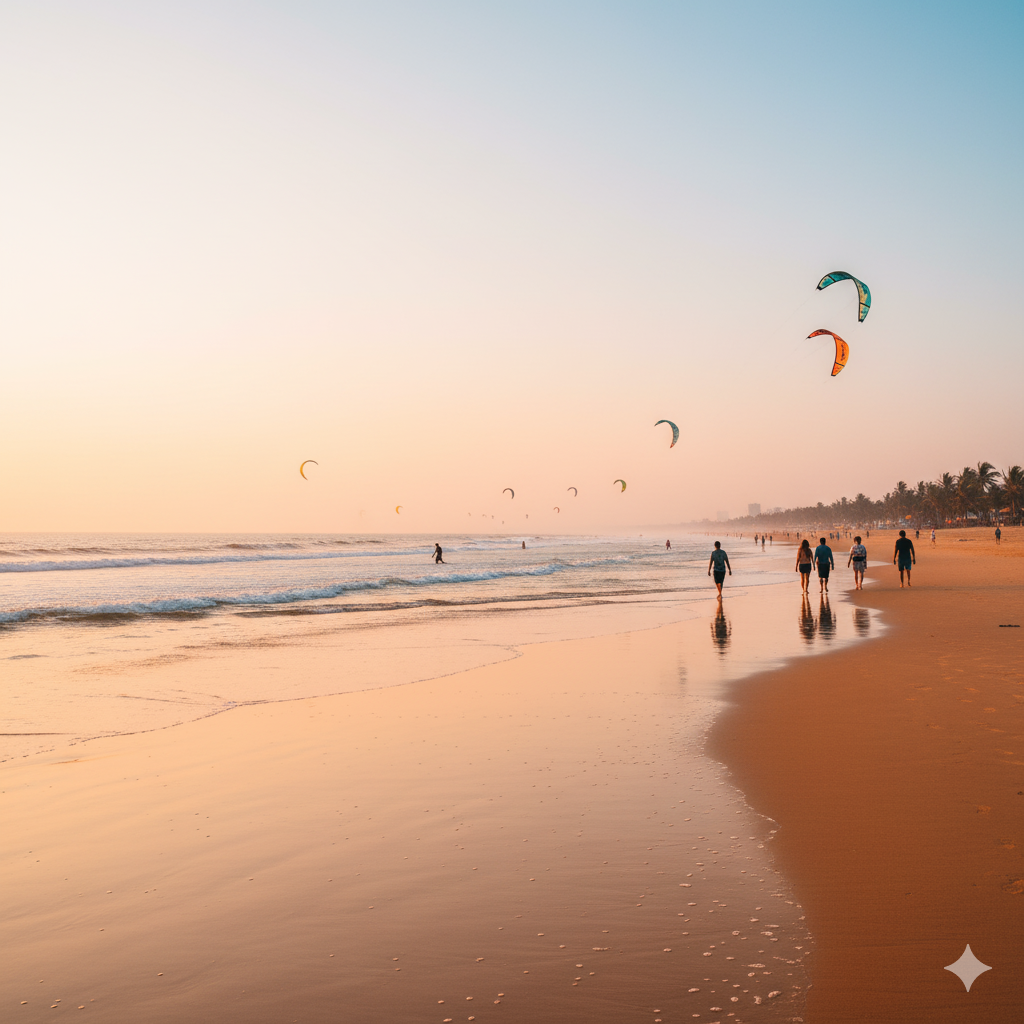 Peaceful beach with kite surfers and fewer crowds along Mui Ne coastline