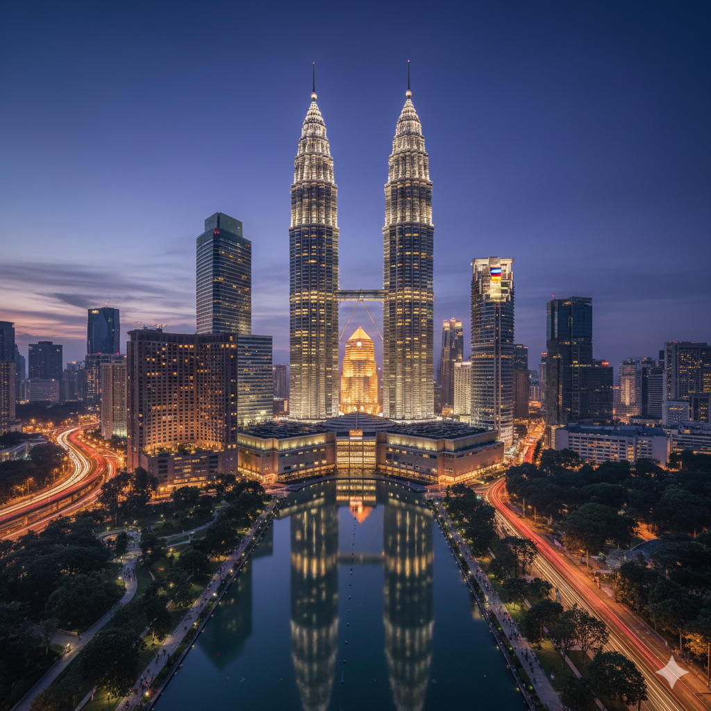 Twin Petronas Towers illuminated at night dominating Kuala Lumpur skyline