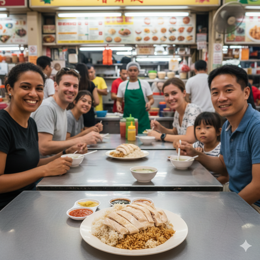 Plate of Hainanese chicken rice with chili sauce in a Singapore hawker centre