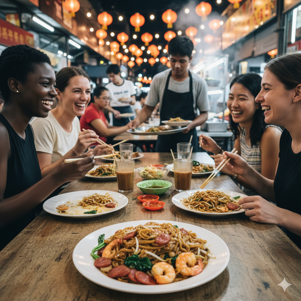 Plate of char kuey teow stir-fried noodles with prawns and vegetables