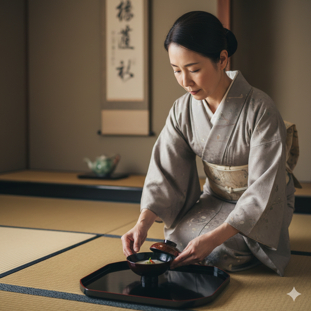 A server kneeling to present food
