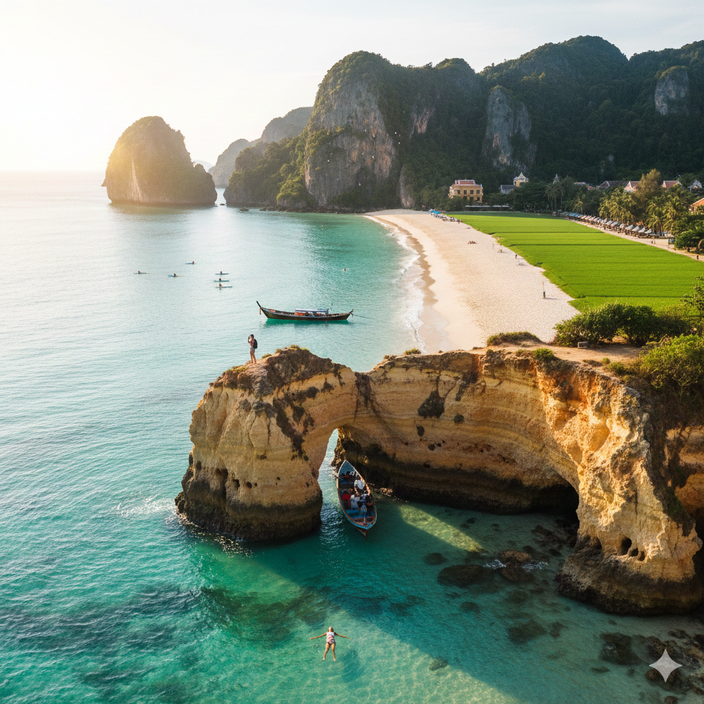 An aerial view of a picturesque, sunny tropical beach with towering green cliffs, golden sand, and clear turquoise water.