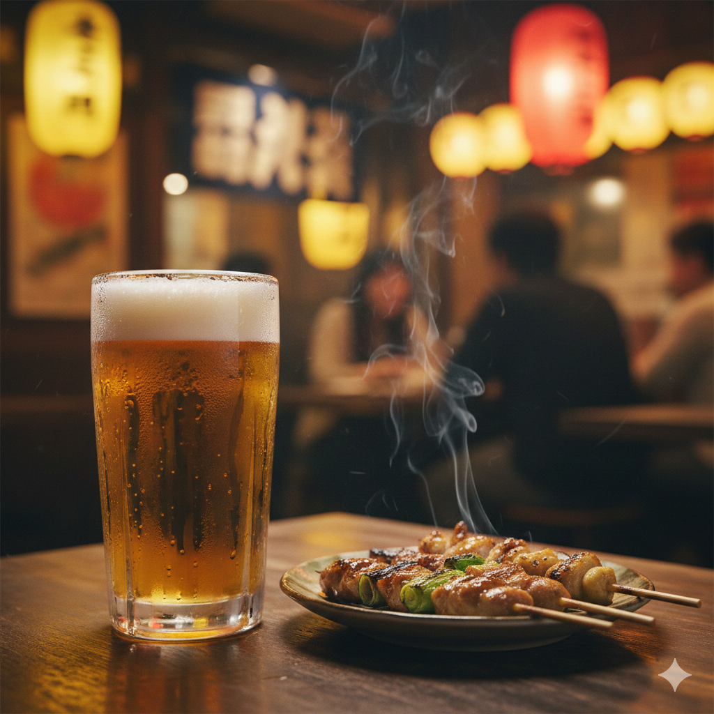 Close-up of a cold glass of beer and yakitori skewers on a table in a dimly lit, smoky Tokyo izakaya.