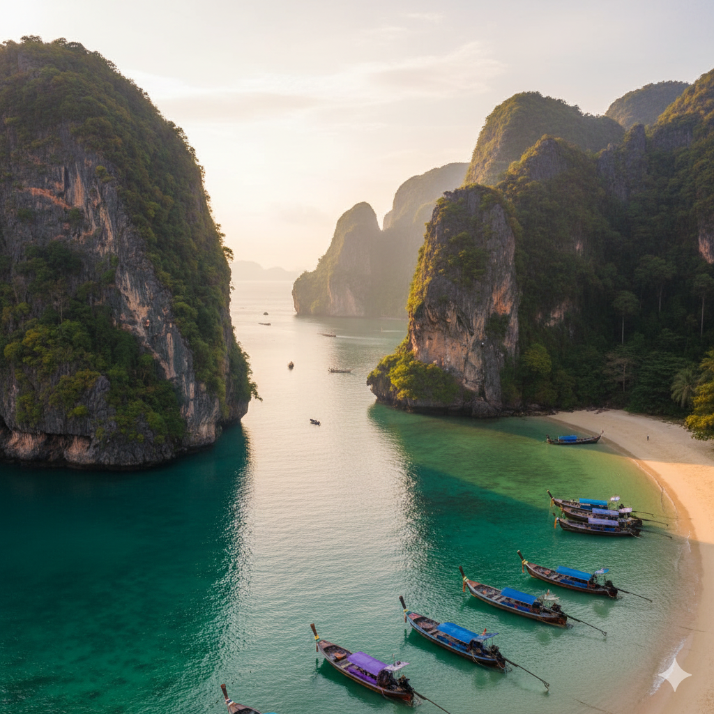Dramatic scene of towering limestone karsts and cliffs rising over emerald water at Railay Beach, Krabi, Thailand, a perfect destination for adventurous solo travelers.