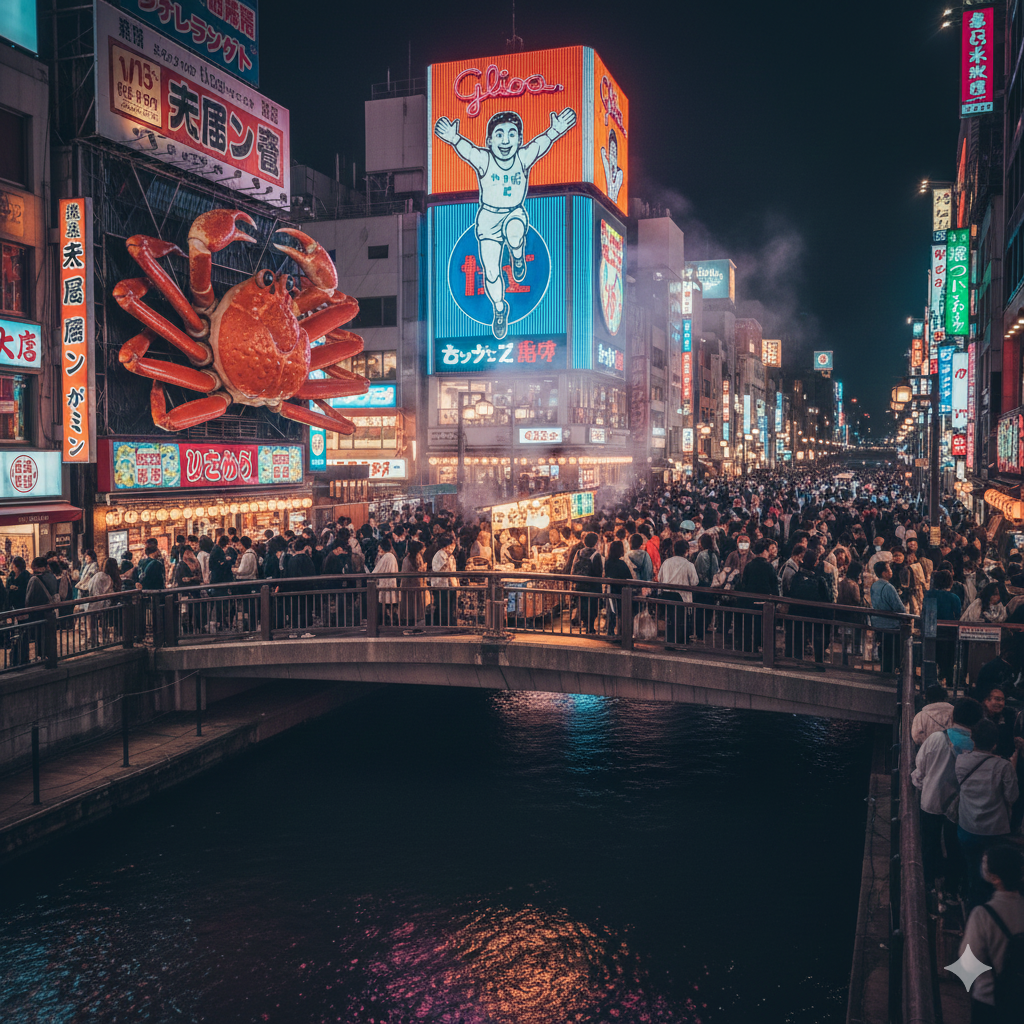 Neon signs reflecting on the canal water in Dotonbori, Osaka, with crowds of people on the bridge at night.