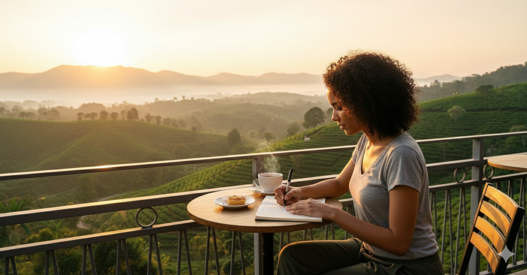 Solo female traveler journaling at a cafe in Malaysia