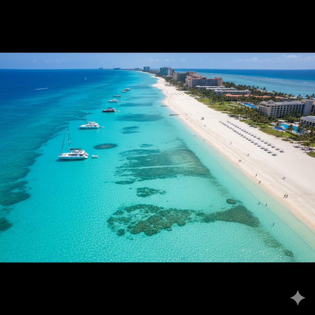 The pristine, white-sand stretch of Seven Mile Beach in Grand Cayman, featuring extremely clear sapphire water, emphasizing the high-safety, luxury travel experience.