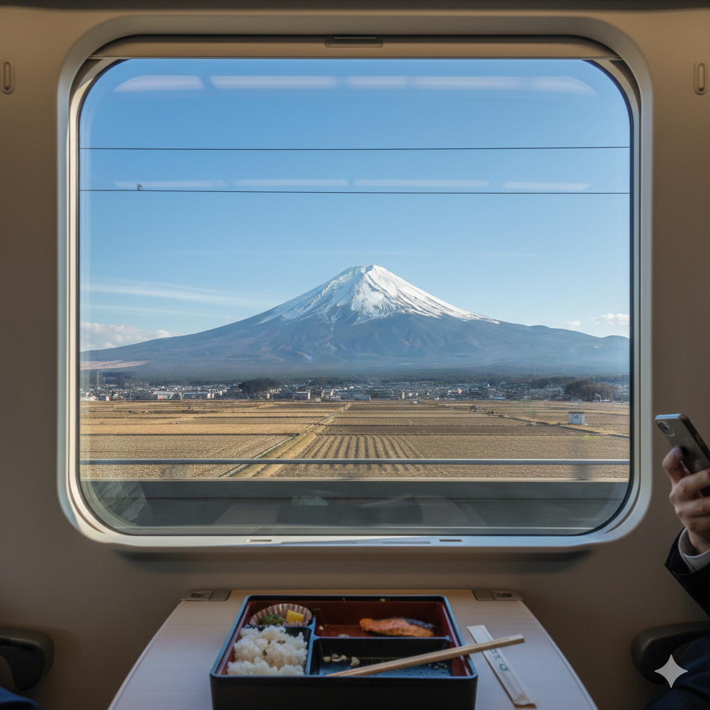 View of Mount Fuji with a snow-capped peak seen through the window of a Shinkansen bullet train against a clear blue sky.