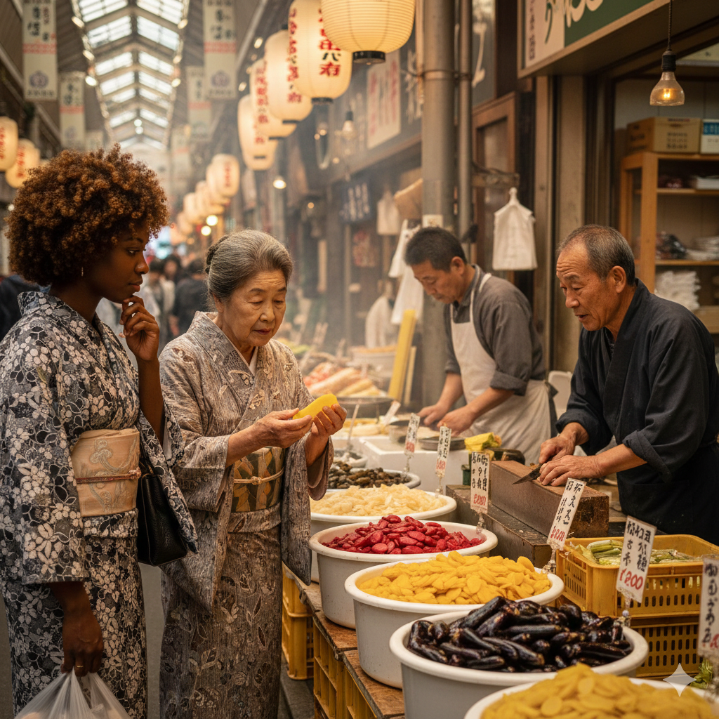 An Elderly woman shopping for pickles in Nishiki market 