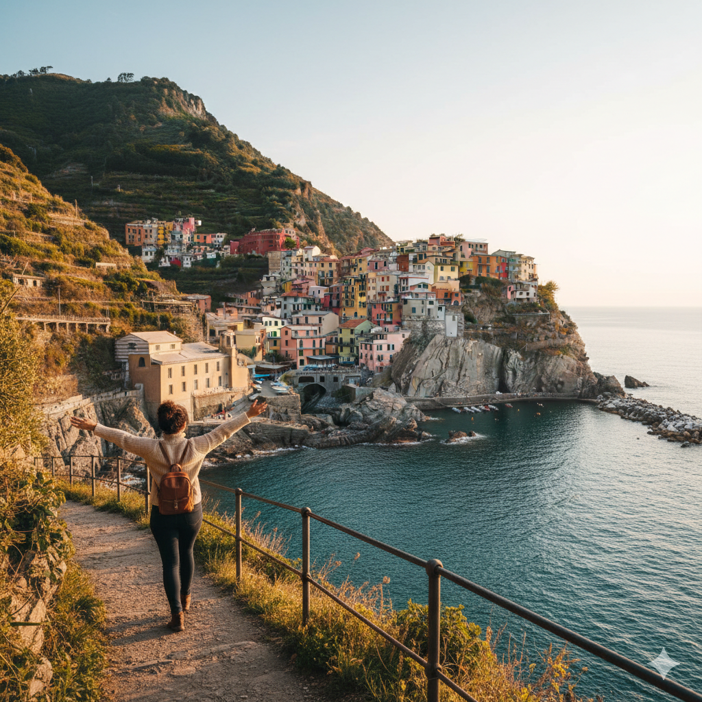 Hiking trail overlooking the sea in Cinque Terre, popular with active solo female travelers

