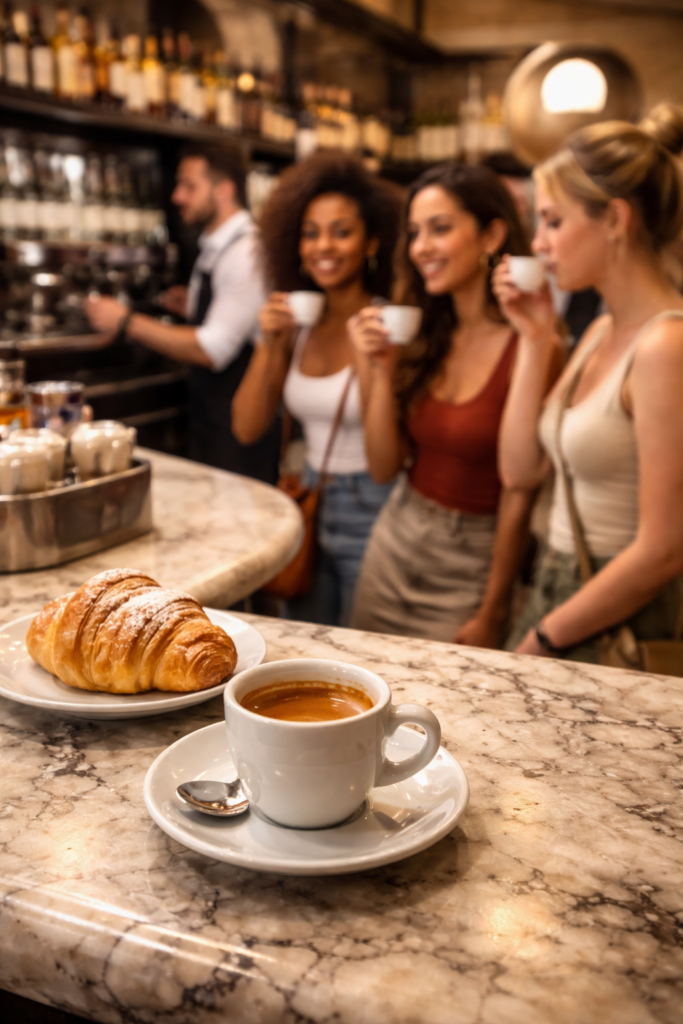 A classic Italian espresso served at a standing bar in a local café, illustrating the authentic Italian coffee culture.