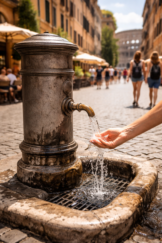 A traditional Roman 'nasone' public drinking fountain in Rome, providing free, cold drinking water to pedestrians.