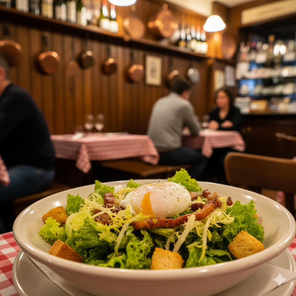 A traditional Salade Lyonnaise served in a cozy, authentic Lyonnais bouchon restaurant.