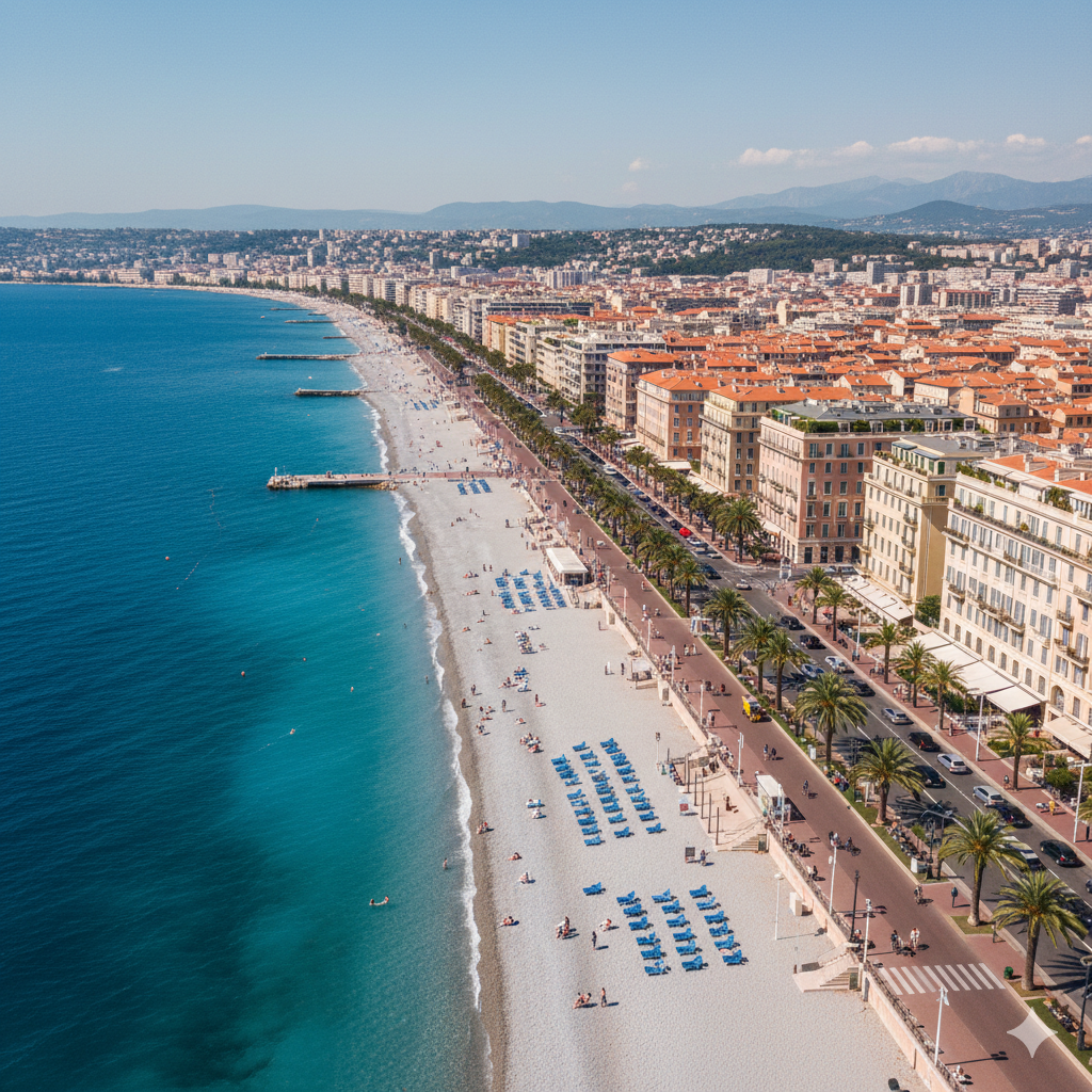 Aerial view of the Promenade des Anglais and the blue Mediterranean sea in Nice, French Riviera.
