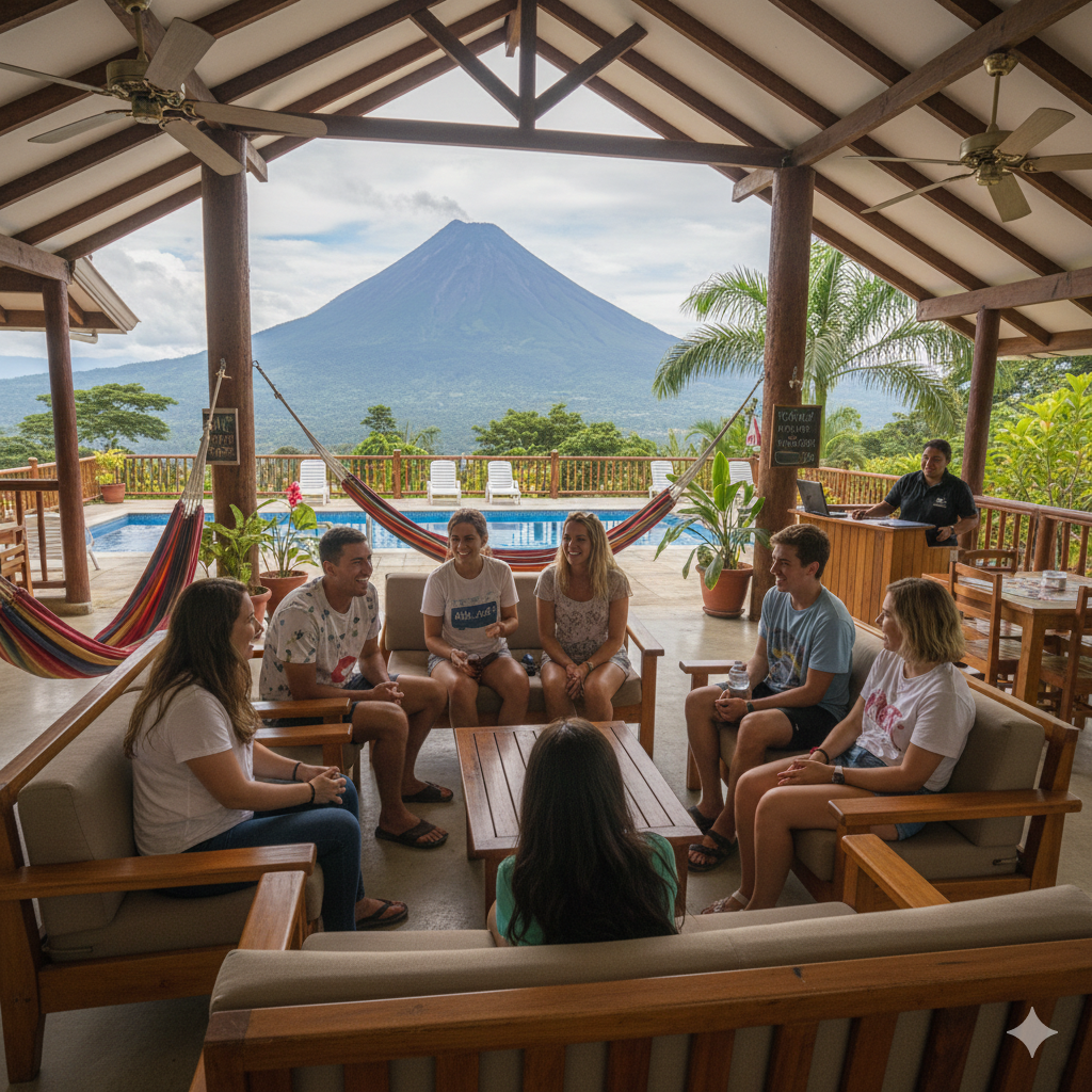 Hostel common area with solo travelers socializing