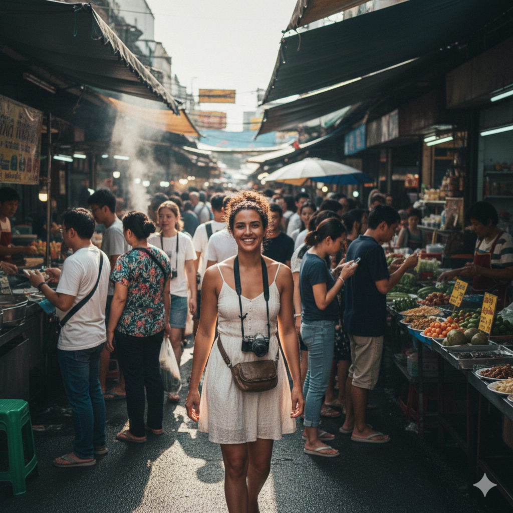 Solo woman walking confidently through a busy Thai street food market