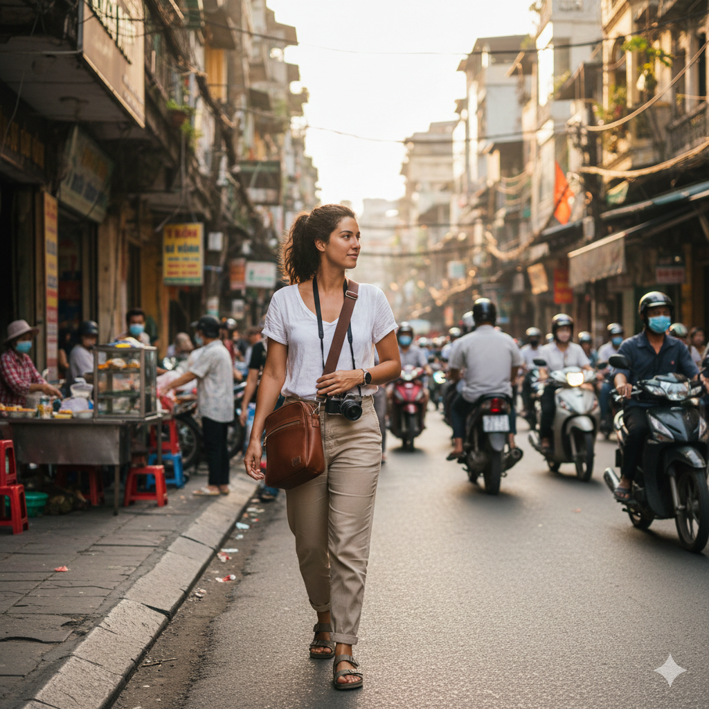 Solo female traveler walking in Vietnam with a crossbody bag in a busy city street