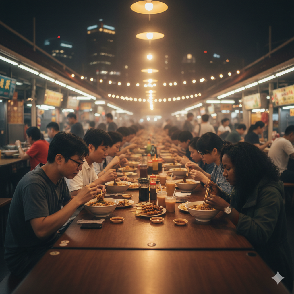 Communal seating at a hawker center where solo diners enjoy street food independently