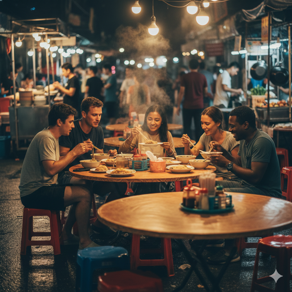 Communal street food seating in Thailand where solo female travelers eat comfortably