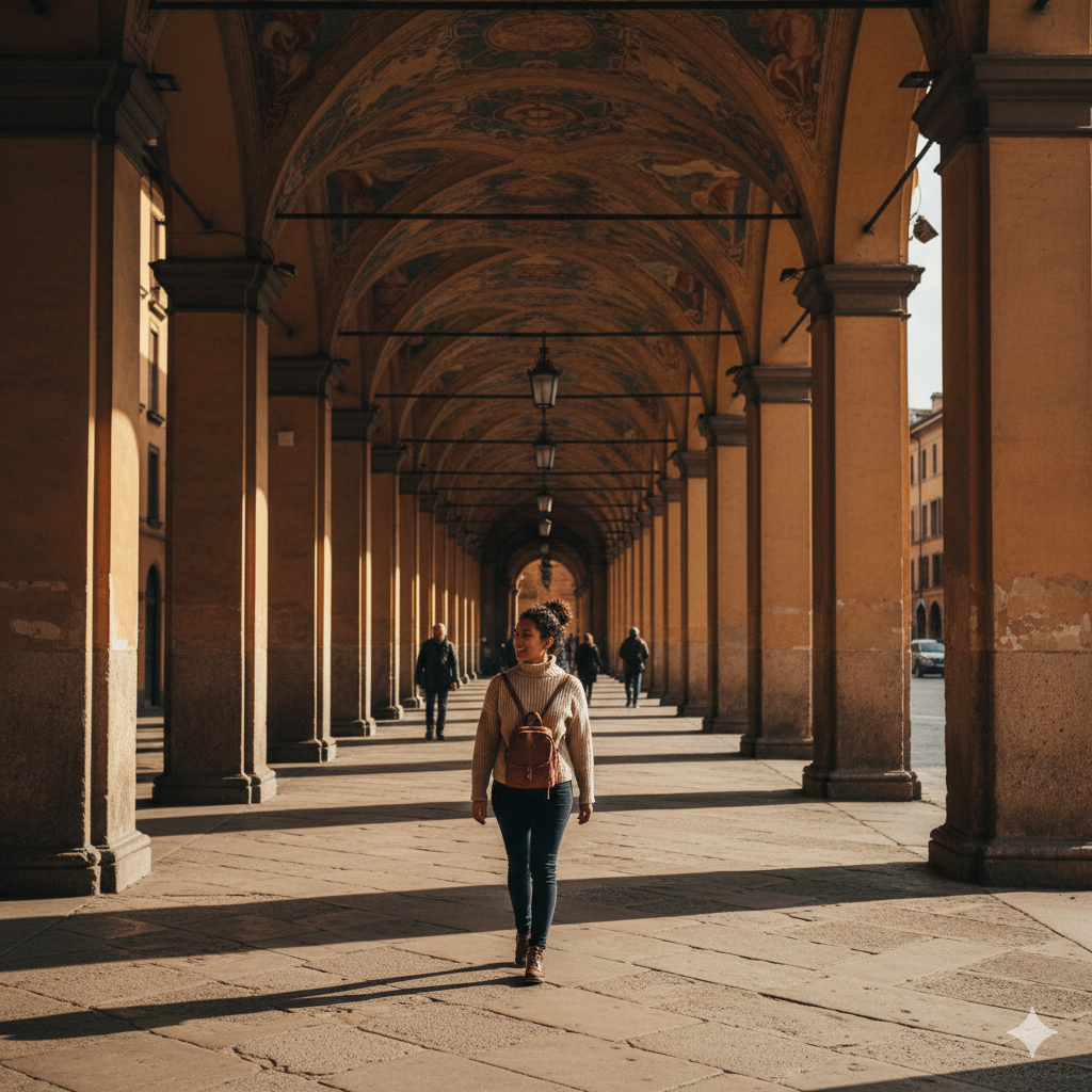 Covered porticos in Bologna, creating a safe and welcoming environment for solo female travelers

