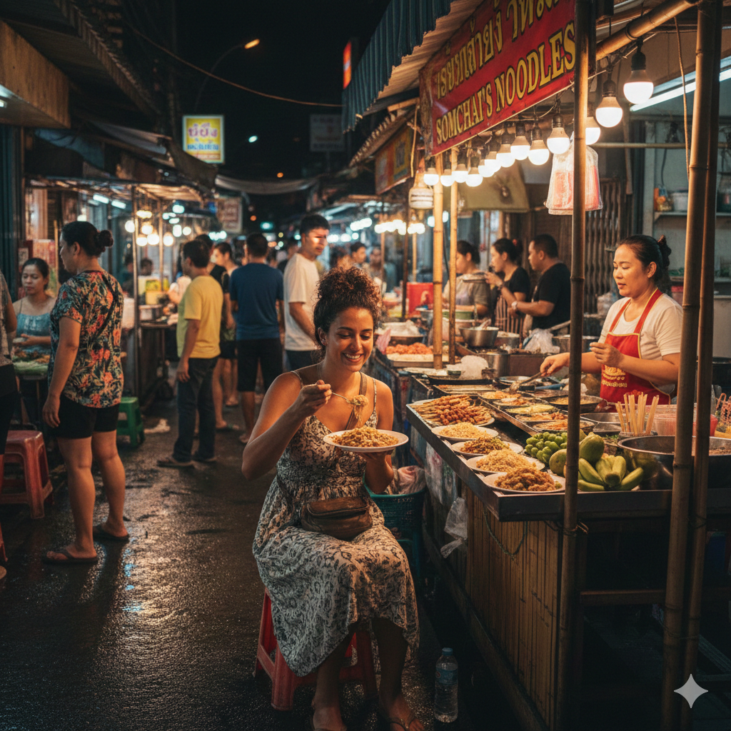 Solo female traveler eating Thai street food safely at a Bangkok night market