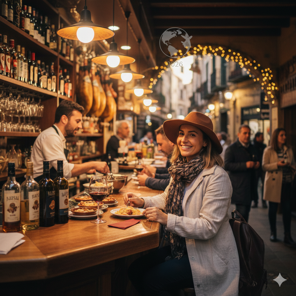 Solo woman enjoying tapas alone in Spain where solo dining feels social and safe