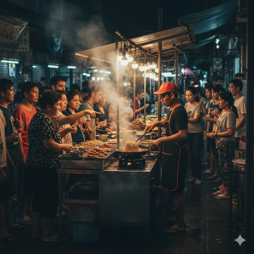 Busy Thai street food stall with fresh food being cooked in front of customers