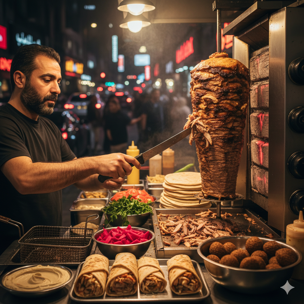 Fresh shawarma wrap prepared at a street counter, it's a solo-friendly traveler's food