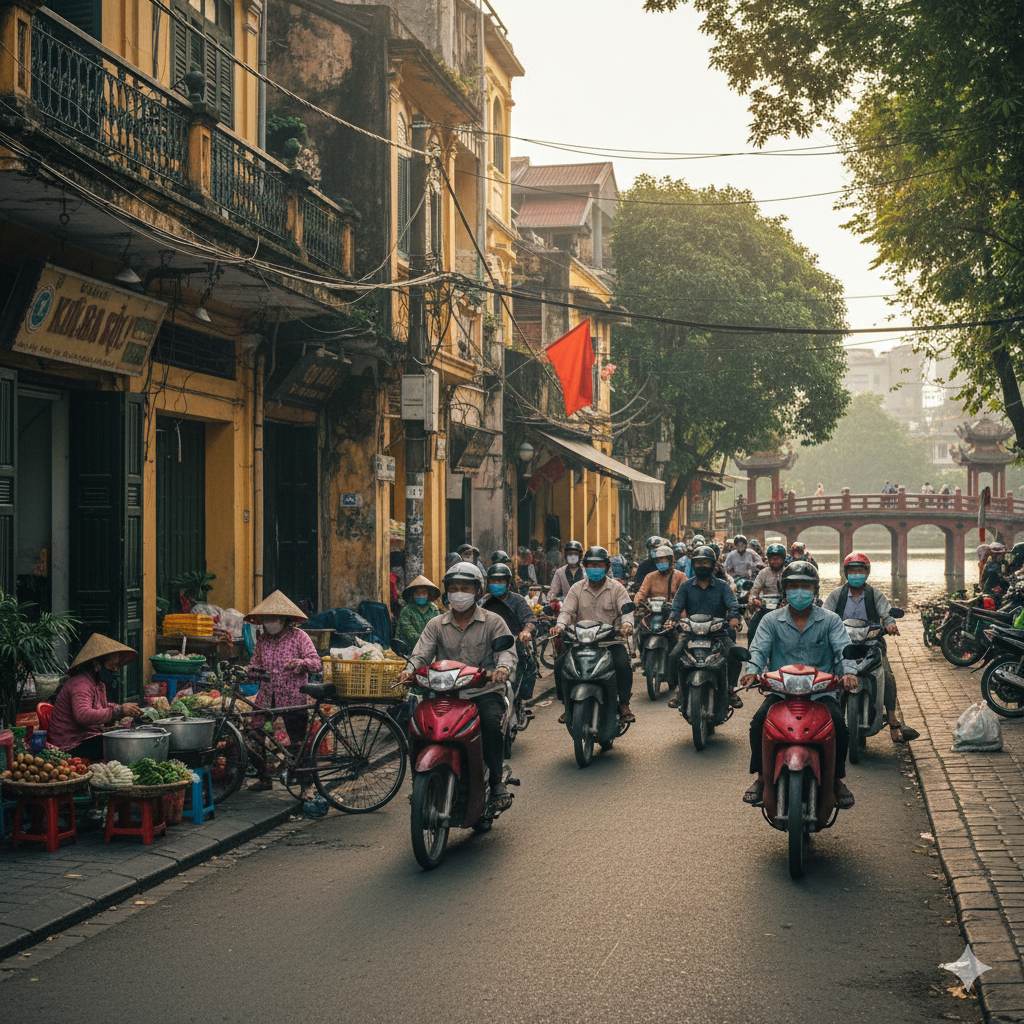 Hanoi Old Quarter street with vendors and motorbikes

