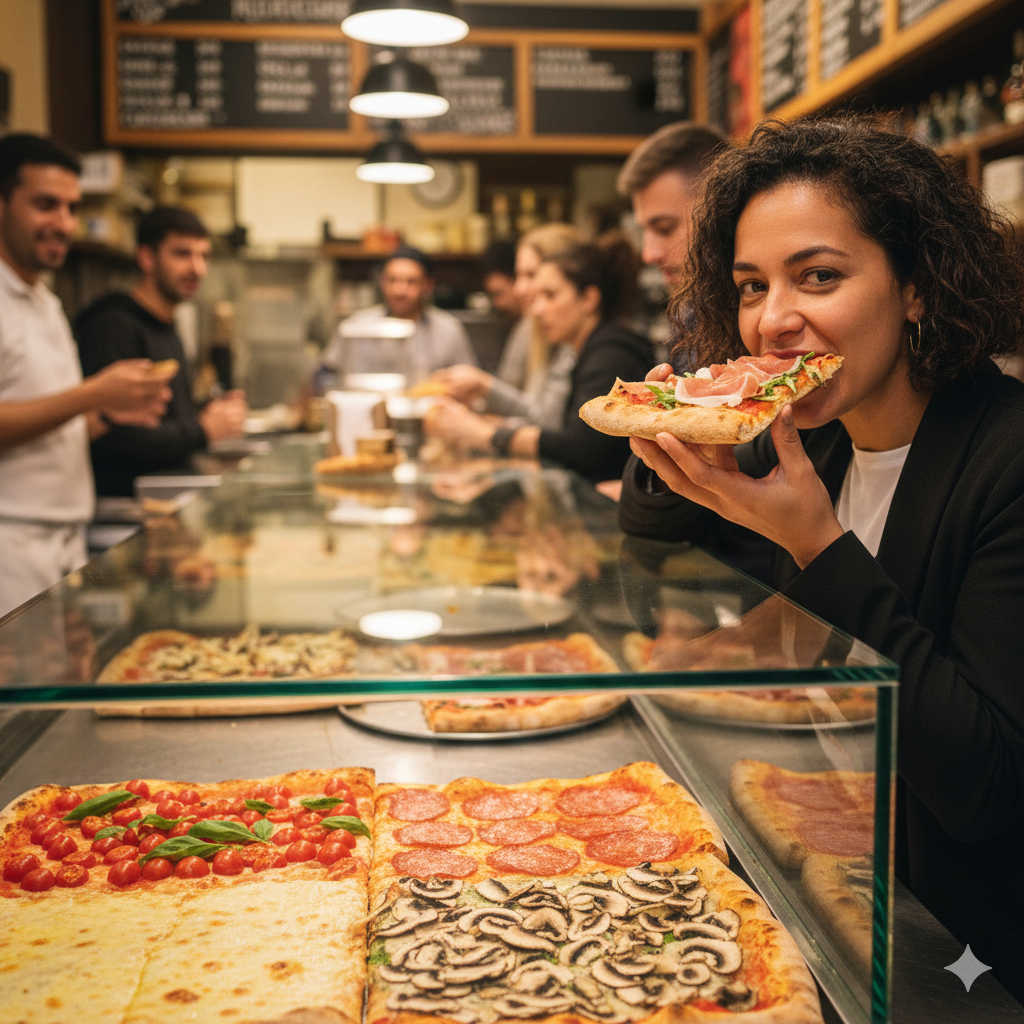 Pizza al taglio in Rome being eaten by a solo traveler at a takeaway pizza shop
