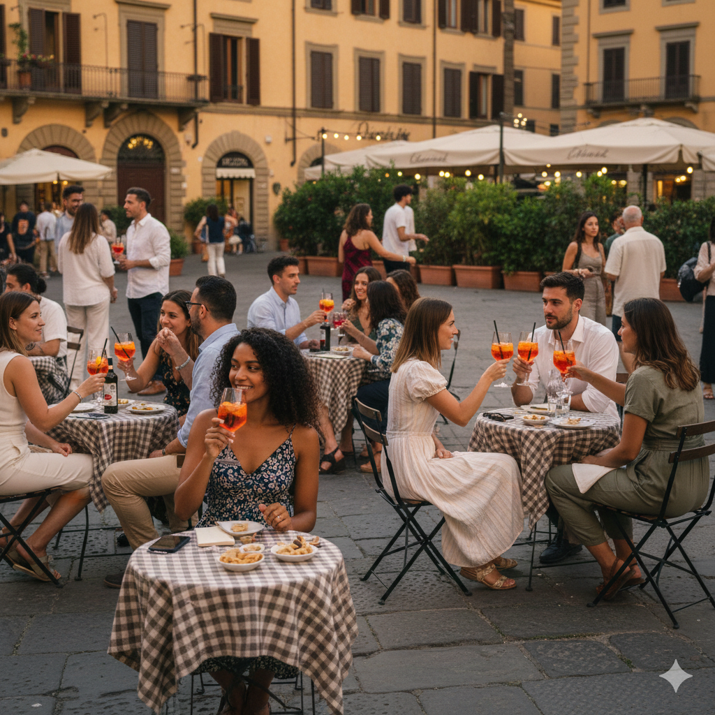 Italians enjoying aperitivo in a lively piazza, highlighting everyday culture experienced by solo travelers in Italy

