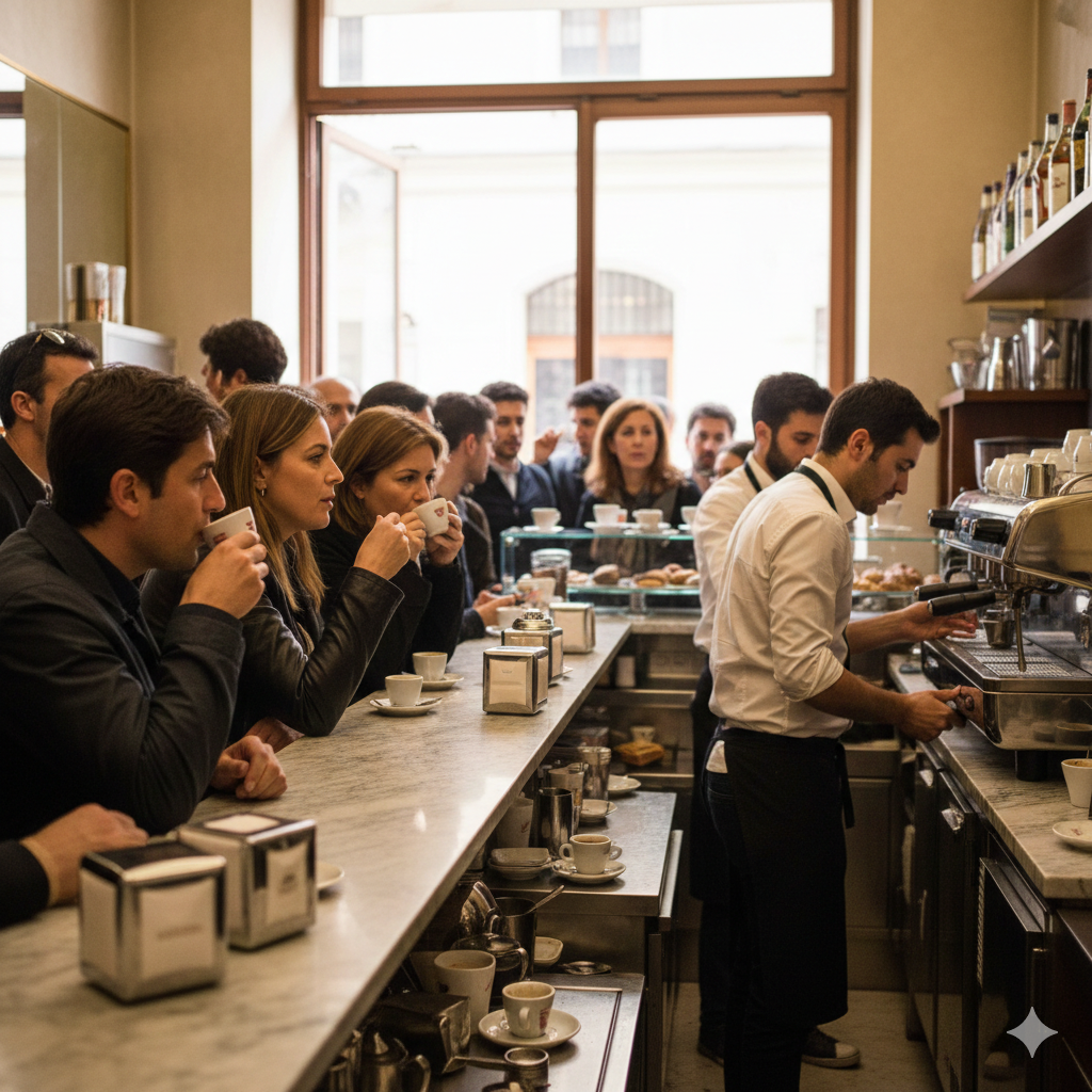 Locals standing at an Italian espresso bar, showing authentic coffee culture for solo travelers

