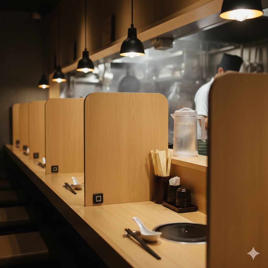 Japanese ramen counter with individual seating designed for solo diners in Japan