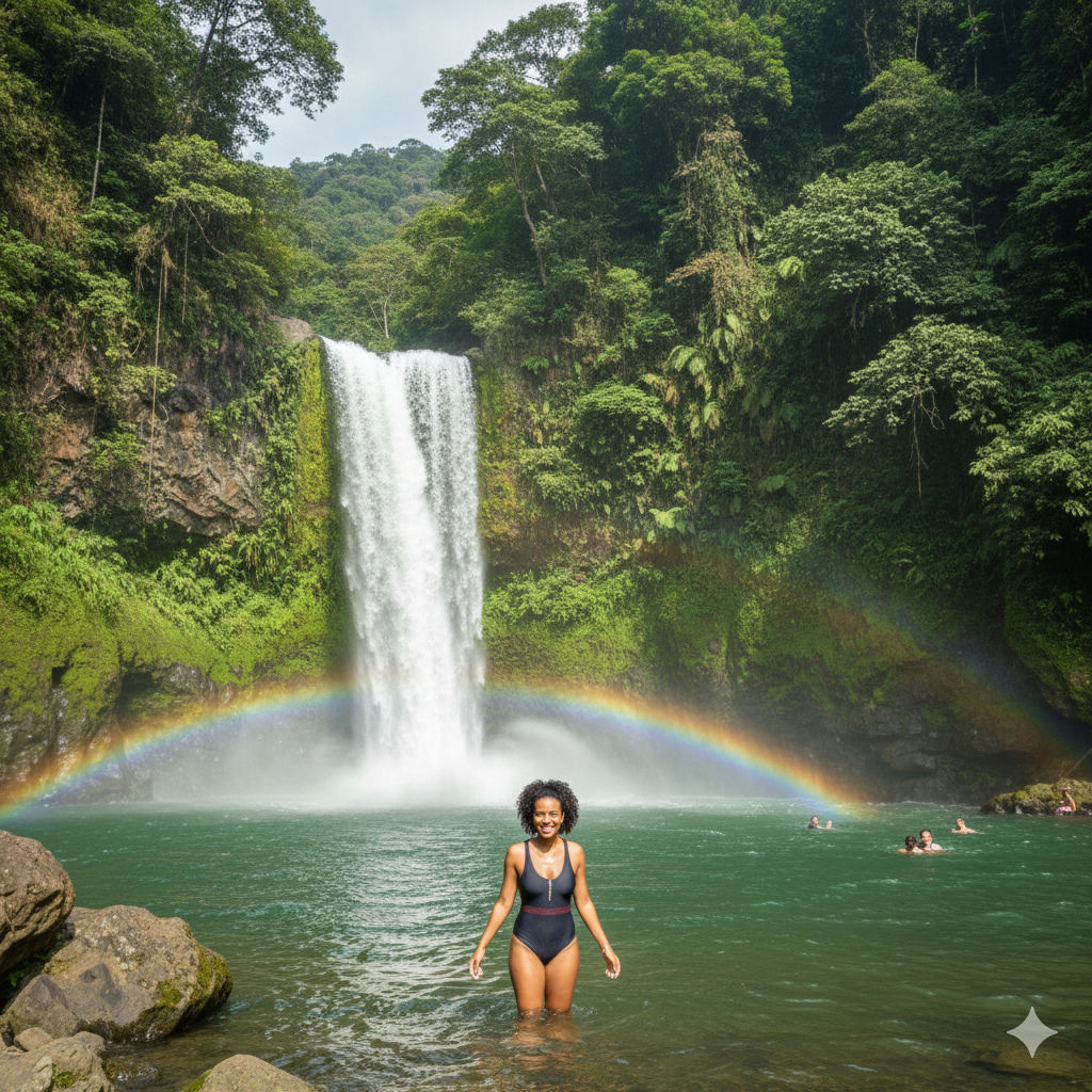 La Fortuna Waterfall Costa Rica solo female traveler swimming
