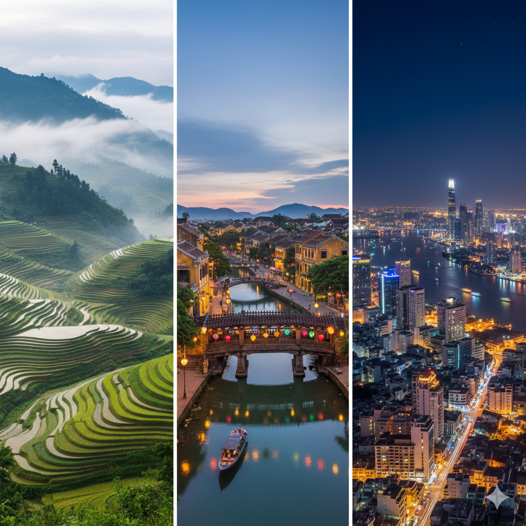 Landscapes of Vietnam showing mountains in the north, historic towns in central Vietnam, and cities in the south