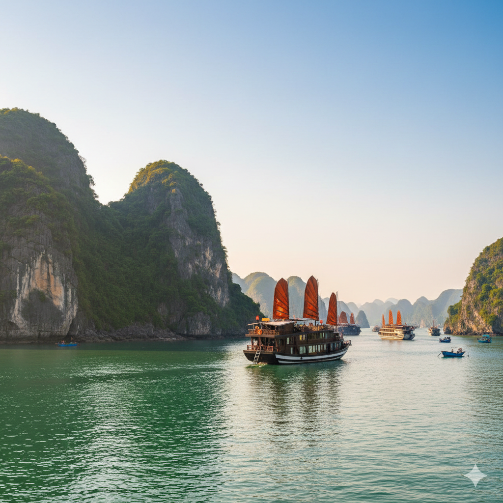 Limestone karsts and boats in Ha Long Bay, Vietnam
