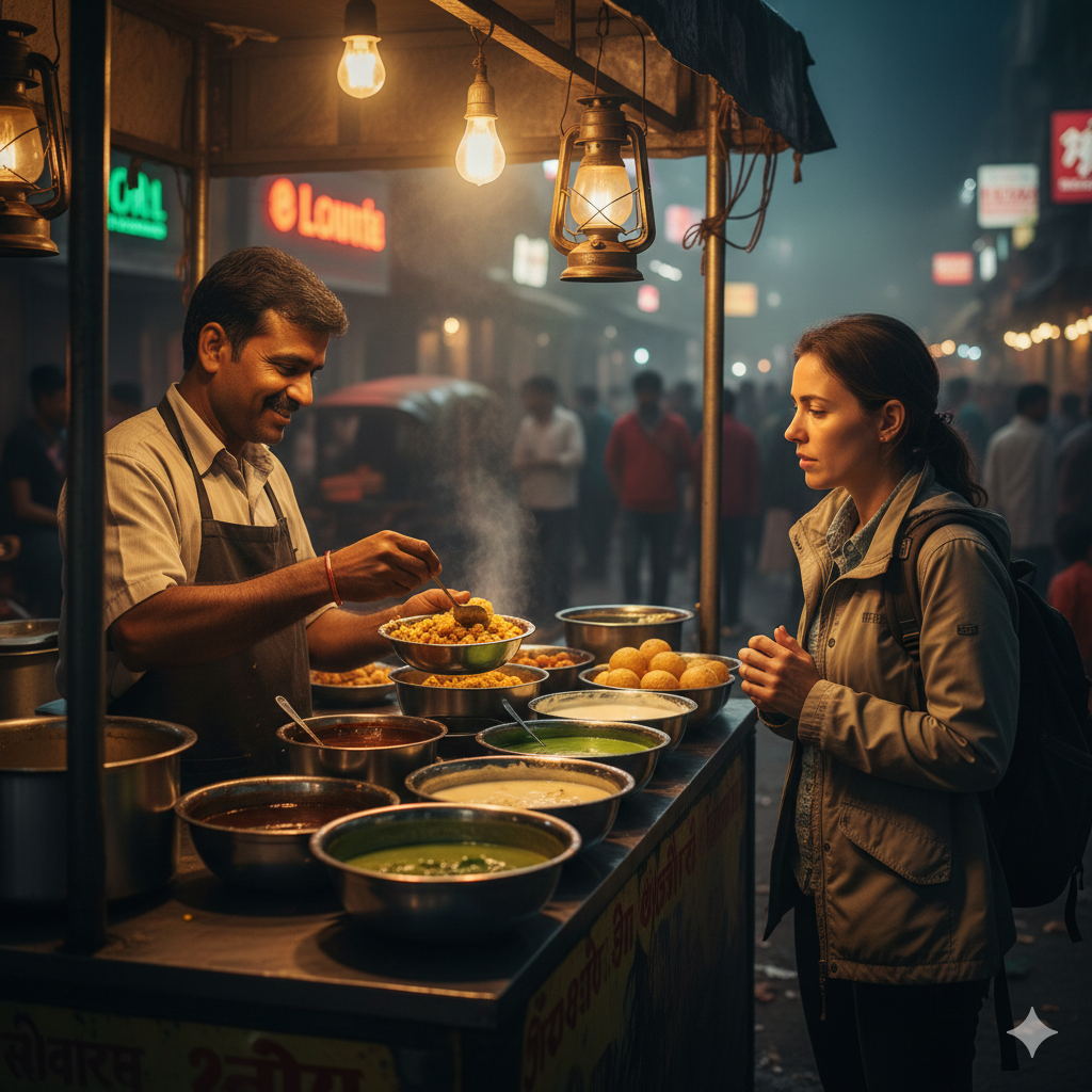 Indian street food vendor preparing pani puri for a solo diner