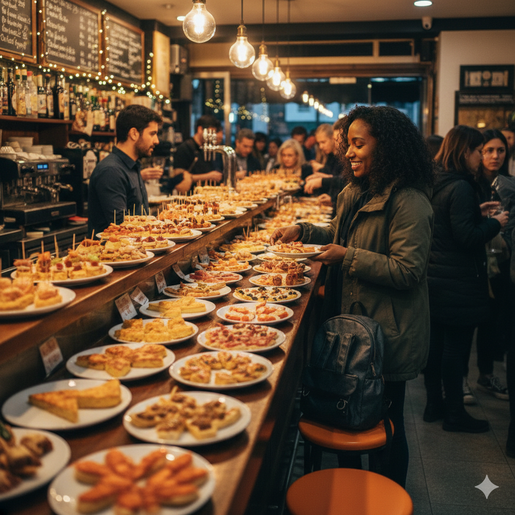 Pintxos bar counter in San Sebastián with small plates, perfect for solo dining in Spain