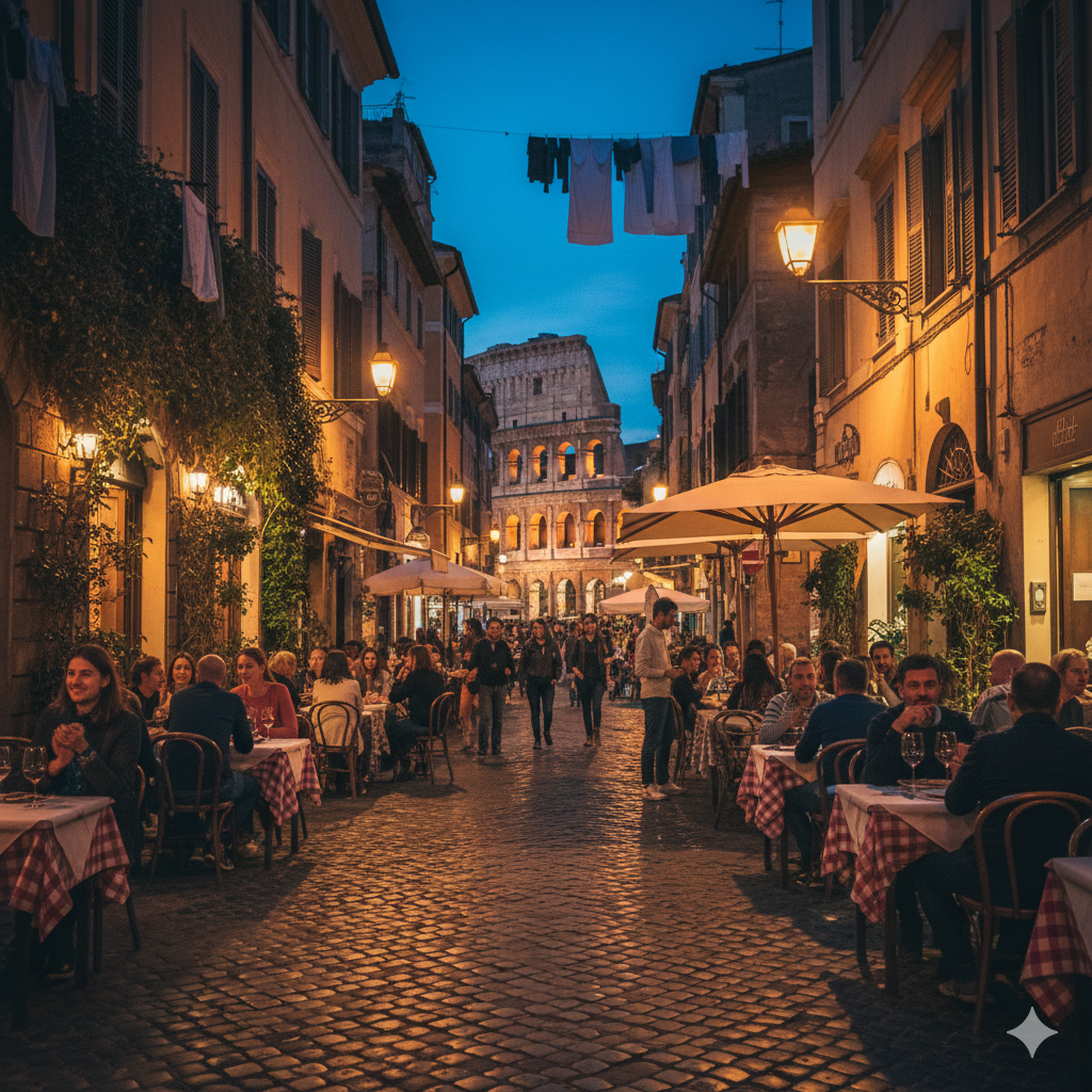 Rome’s historic streets at dusk, showing the social atmosphere solo travelers experience in Italy