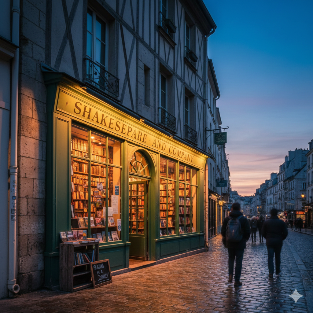 Iconic Shakespeare and Company bookstore in Paris at sunset, a popular spot for solo travelers.