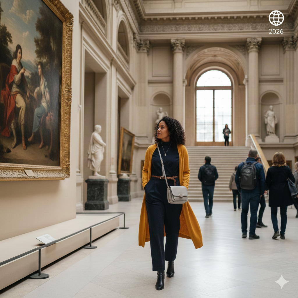 Solo female traveler strolling through a Paris Museum, enjoying independent travel in France