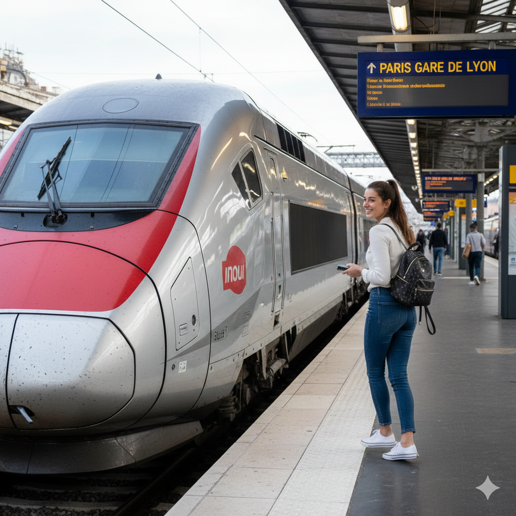 High-speed TGV train at a French railway station, highlighting solo-friendly public transport in France.
