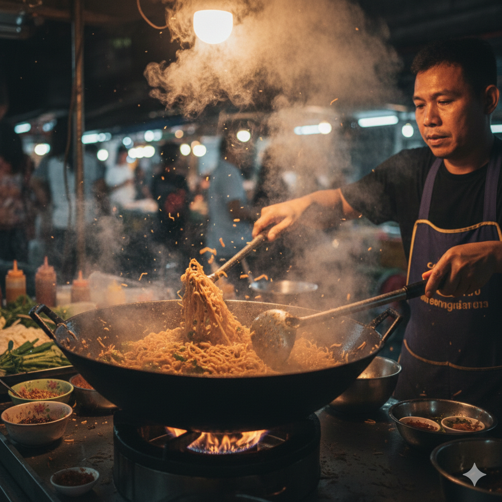 Thai street food vendor cooking noodles at a busy Bangkok street stall at night